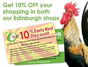 Early Bird discount card and cockerel picture
