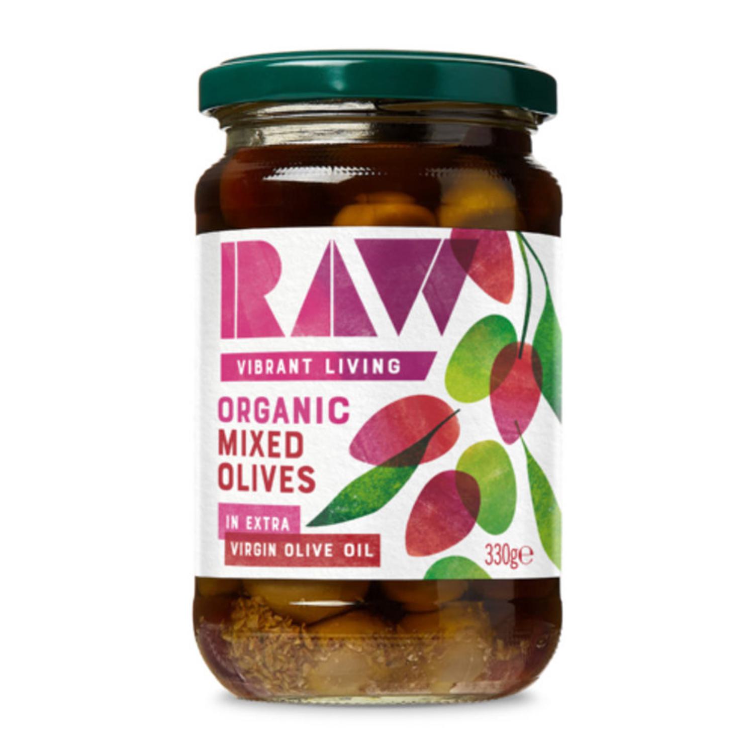 Organic Mixed Green and Kalamata Olives in Raw Extra Virgin Olive Oil