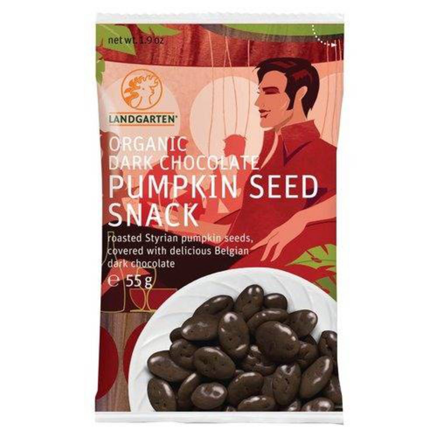 Organic Dark Chocolate Coated Pumpkin Seeds in 55g packet from LandGarten