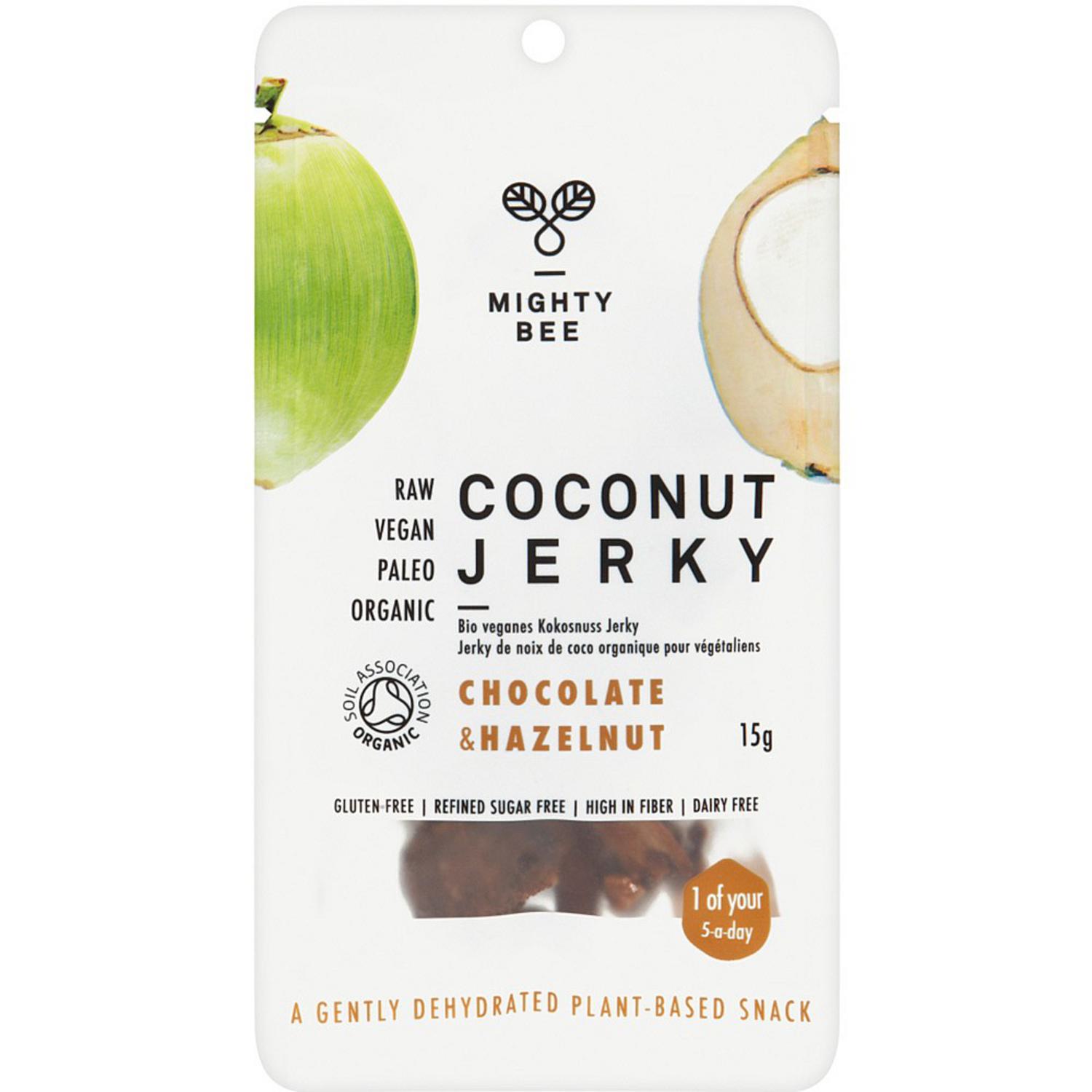 Organic Chocolate and Hazelnut Coconut Jerky in 15g from Mighty Bee