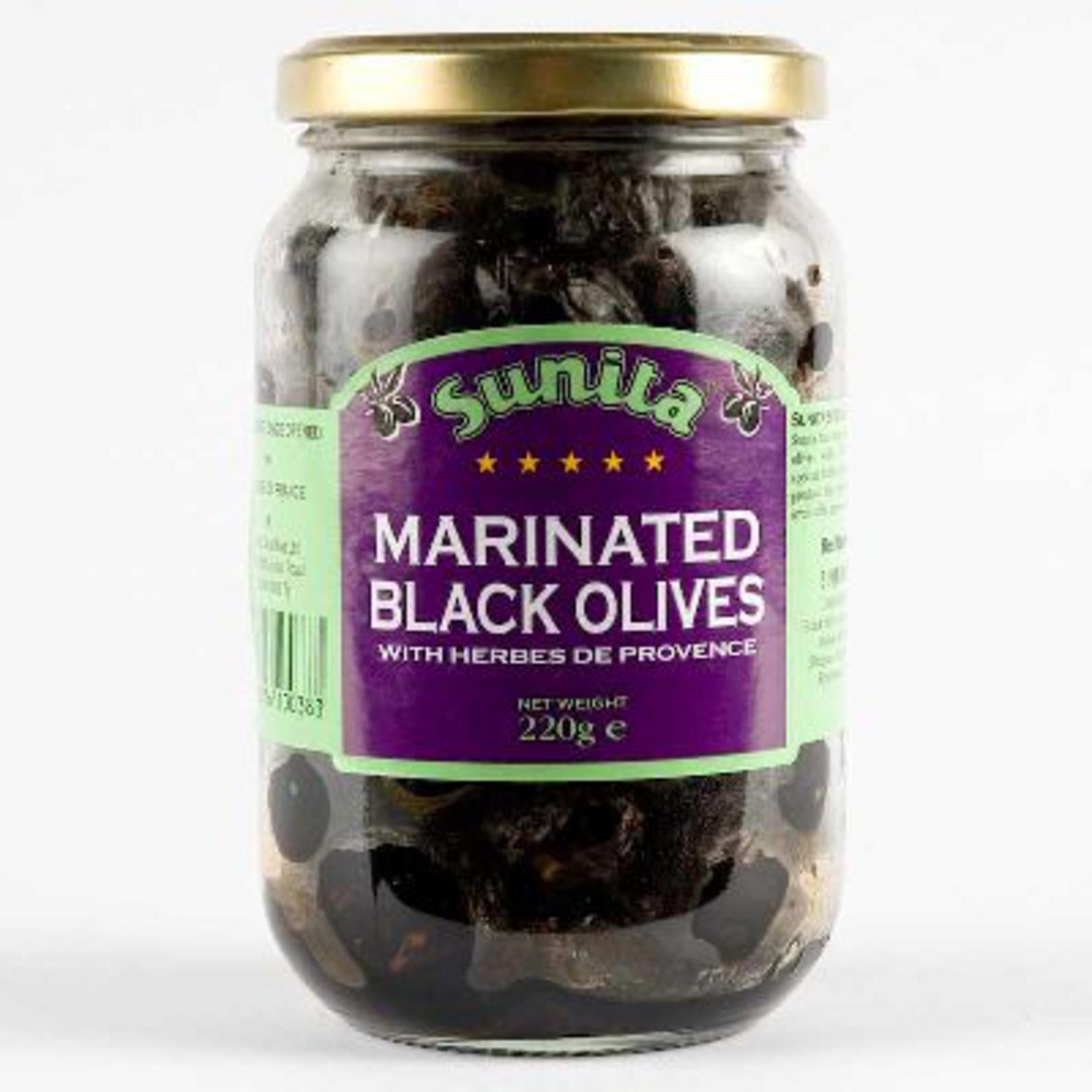Black Olives Marinated in Herbs in 220g jar from Sunita