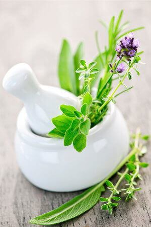 Fresh herbs in a pestle and mortar