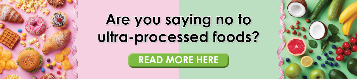 A banner of ultra processed food and healthy green vegetables