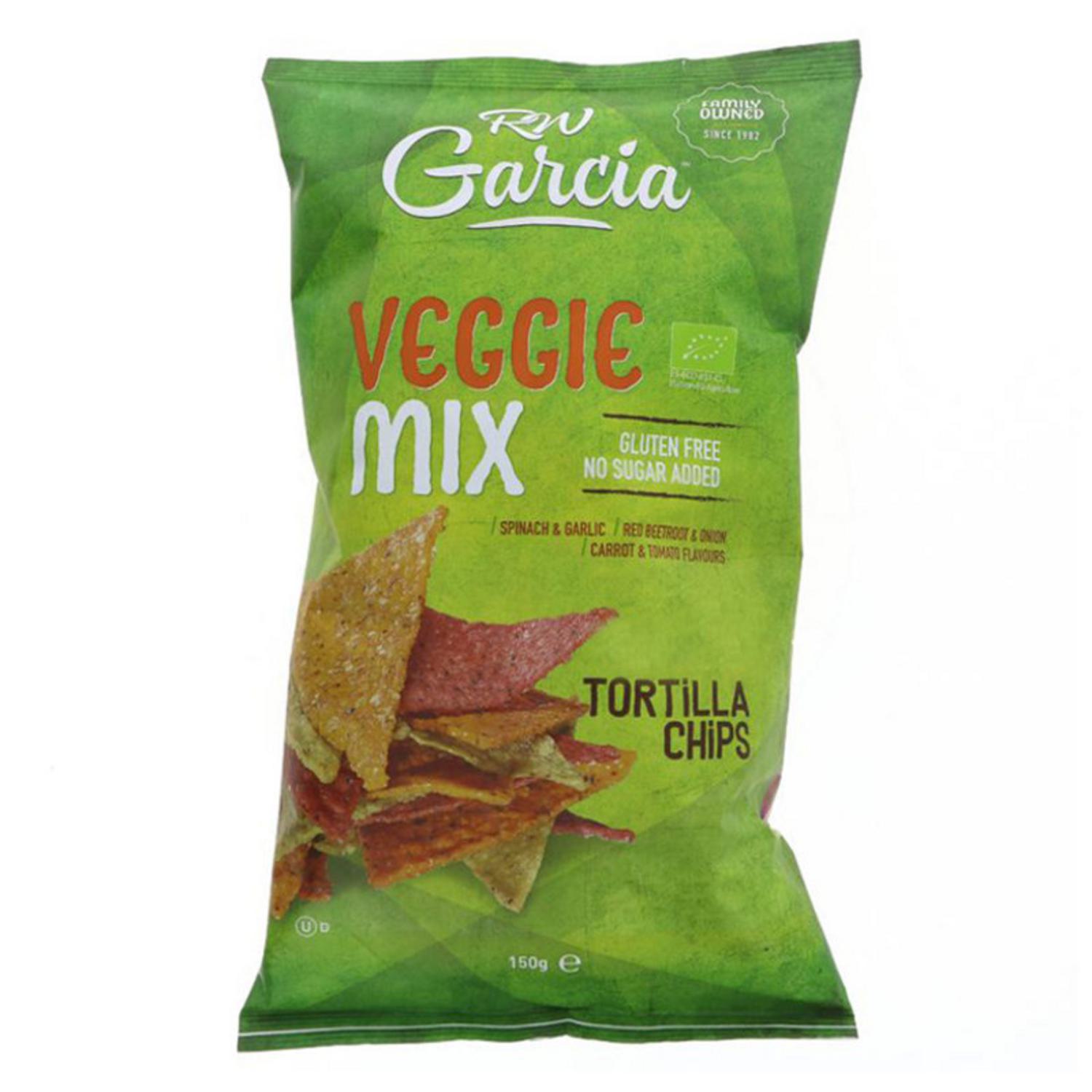 Organic Veggie Tortilla Chips in 150g bag from R W Garcia