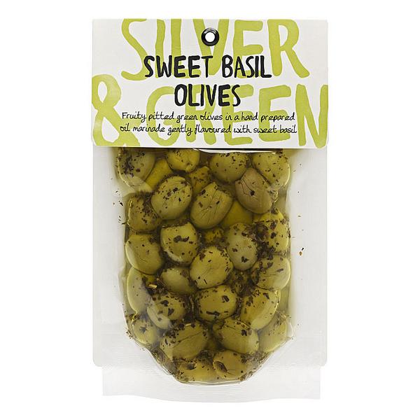 Sweet Basil Pitted Green Olives in 220g from Silver and Green