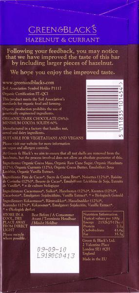 Hazelnuts & Currants Dark Chocolate 60% FairTrade, ORGANIC image 2