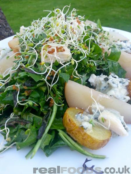 Vegetarian Jersey Royals, Spiced Poached Pears and Roquefort Salad Recipe